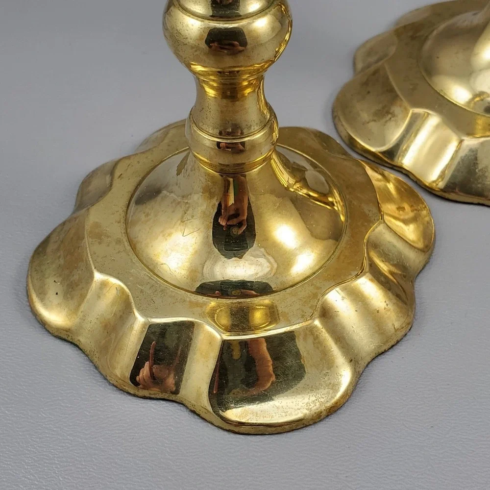 Brass Spindle Tapered Candlesticks Pair Scalloped Base MCM India 8